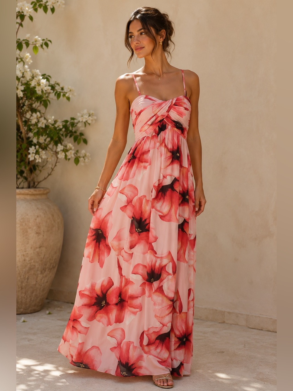 Monsoon Pink Floral Maxi Dress UK12 US8 Twist Bust Empire Waist Occasion Dress